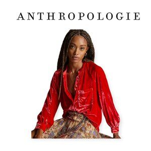 Anthropologie Pilcro Mara Cherry Red Velvet Button Down Top Size Small